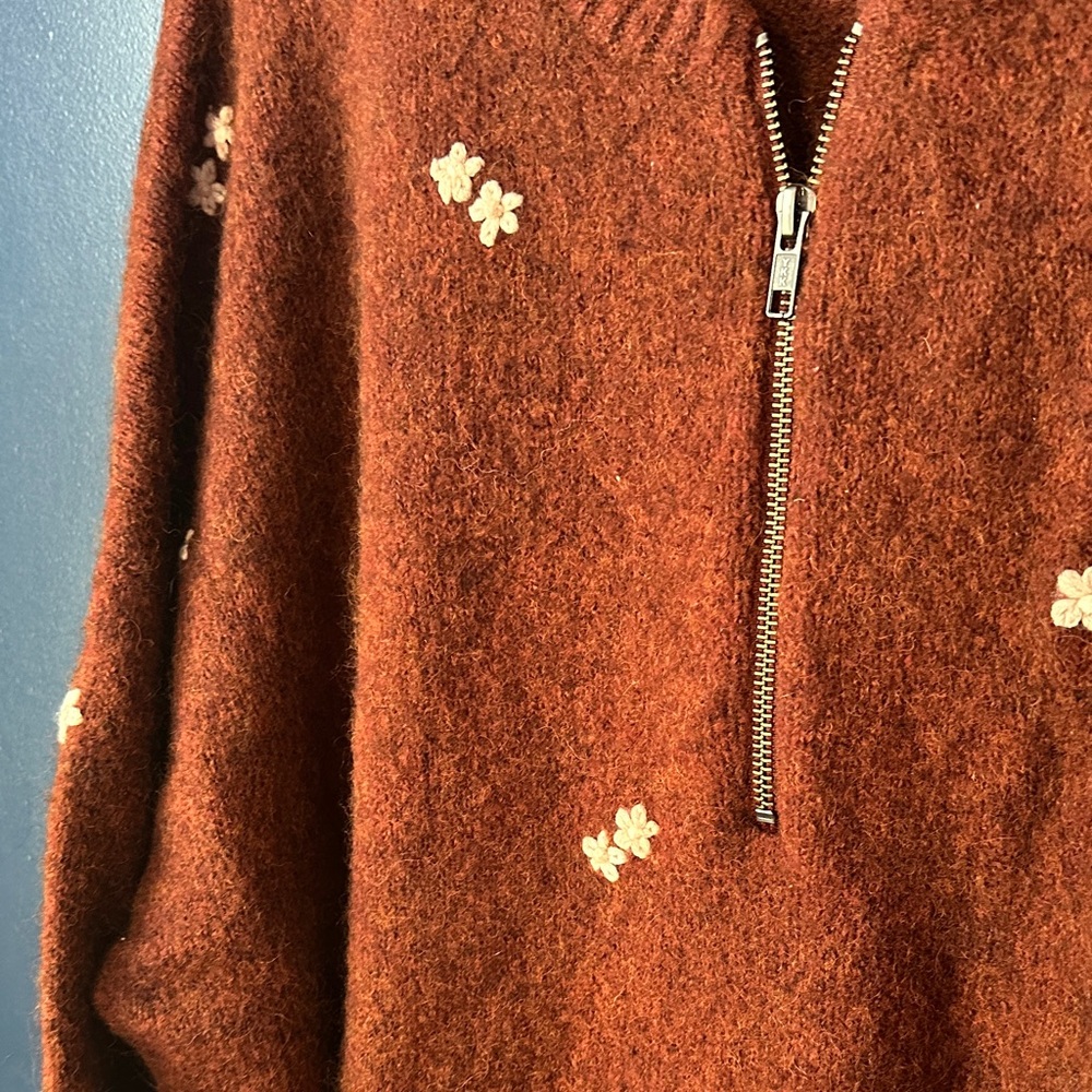 Madewell Rust V-Neck Sweater with Cream Details